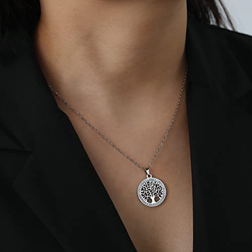 Dreamtimes Tree of Life Necklace for Women Stainless Steel Gold Color Clear Zircon Round Pendant Neck Chains Family Tree Fashion Charm Luxury Jewelry Wedding Gift - color: SILVER