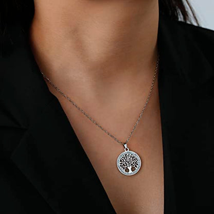 Dreamtimes Tree of Life Necklace for Women Stainless Steel Gold Color Clear Zircon Round Pendant Neck Chains Family Tree Fashion Charm Luxury Jewelry Wedding Gift - color: SILVER