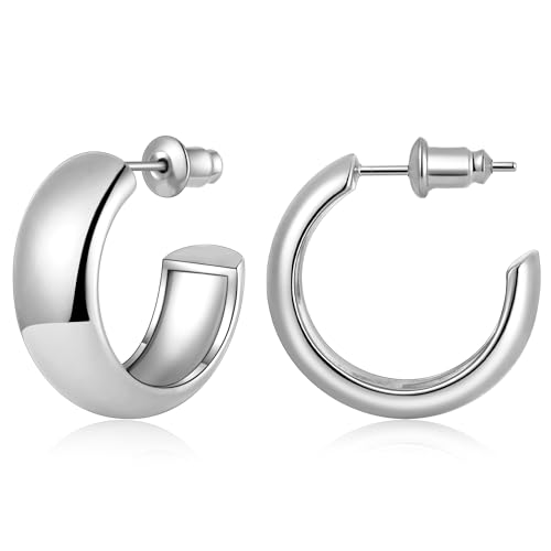 Gamicy Small Gold Hoop Earrings for Women with 925 Stering Silver Post | 14K Gold Plated Hoop Earrings for Women Trendy, Chunky Lightweight Hoops Earrings - color: Silver, size: 20MM