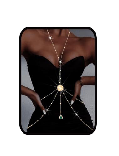 Gold Body Chain for Women Layered Rhinestone Waist Chains Summer Beaded Bra Body Jewelry Gifts - color: Green