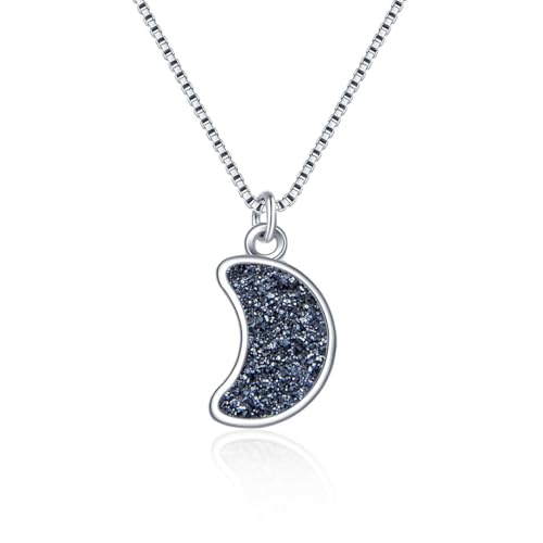 Adabele Natural Druzy Necklace Small Tiny Moon Gemstone Pendant 18 inch Sparkly Agate Stone Crystal Women Jewelry Tarnish Resistant Stainless Steel/Gold Plated Chain - color: Hematite black druzy - stainless steel