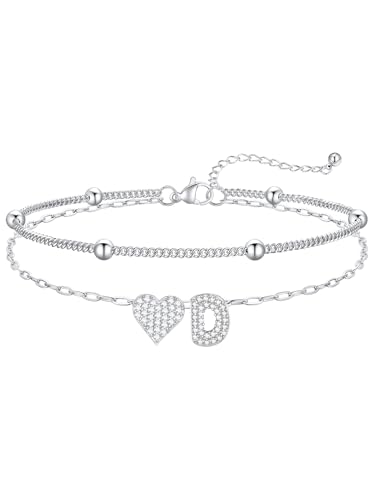FaithHeart Initial Ankle Bracelets for Women Waterproof, Silver/Black/14k Gold Plated CZ Heart Initial Anklets Non Tarnish Stainless Steel Anklets for Women - color: Silver, size: D
