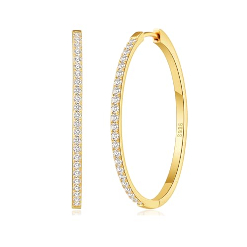 RANKEEF Gold/Silver Hoops Earrings For Women Hypoallergenic | S925 Silver Hoop Earings Lightweight Gold Hoops Gold Rhinestone Earring With Cubic Zirconia 20/30/40mm - color: Gold-40mm