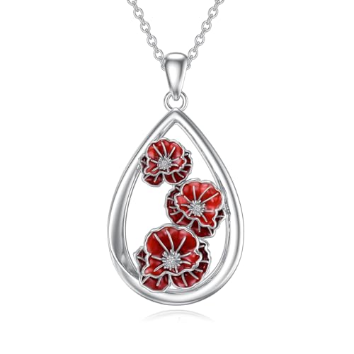 12 Month Birth Flower Necklace for Women 925 Sterling Silver Floral Teardrop Pendant Birthday Jewelry Gifts - color: 08. August Poppy
