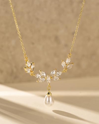 Pearl Necklace for Women- 14K Gold-plated/White Gold-plated Dainty Pearl Necklace for Women - color: Gold leaf teardrop