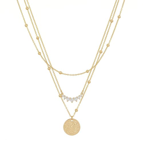 3Pcs Set Gold/Silver Layered Necklaces 14K Gold Plated Dainty Coin Pendant Beaded Paperclip CZ Chain for Women Hypoallergenic Stackable Choker Necklace Set Gifts - color: Gold 3 Pcs Coin CZ