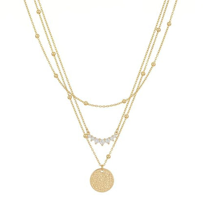 3Pcs Set Gold/Silver Layered Necklaces 14K Gold Plated Dainty Coin Pendant Beaded Paperclip CZ Chain for Women Hypoallergenic Stackable Choker Necklace Set Gifts - color: Gold 3 Pcs Coin CZ