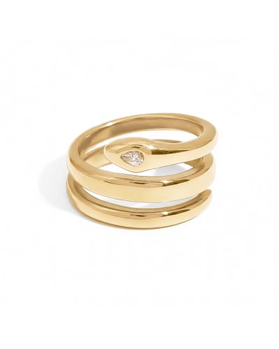 PAVOI Waterproof Open Wrap Ring for Women - 14K Gold Plated Snake Gold Band with Cubic Zirconia - Double Open Wrap Around Rings - Stainless Steel Trendy Summer Jewelry