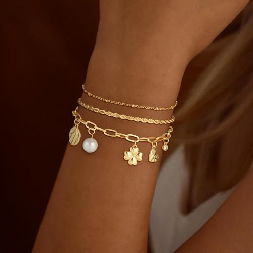 3PCS Charm Gold Bracelets for Women Non Tarnish,14k Plated Gold Bracelet Stack Cute Dainty Stackable Trendy Bow Cross Clover Bracelets Set Tarnish Free Gold Jewelry for Women Gifts - color: Three-Gold