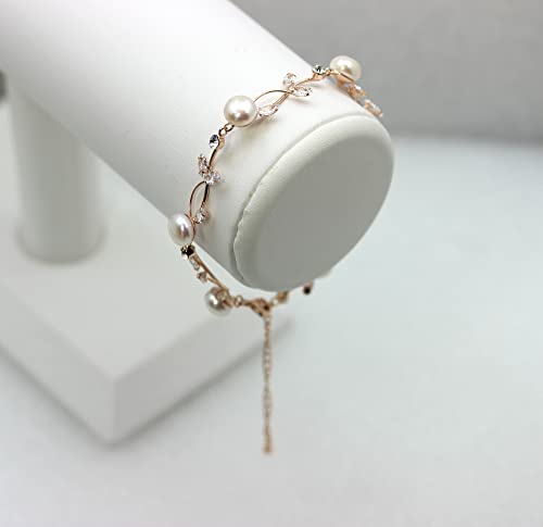 Faship Genuine Freshwater Pearls Floral Necklace Earrings Set | Premium CZ Crystal, Gorgeous, Sparkling - color: Clear / Rose Gold Plated / Matching Bracelet