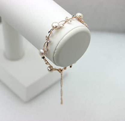 Faship Genuine Freshwater Pearls Floral Necklace Earrings Set | Premium CZ Crystal, Gorgeous, Sparkling - color: Clear / Rose Gold Plated / Matching Bracelet