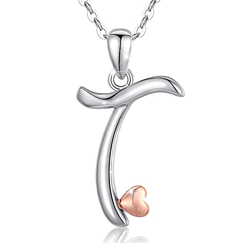 CELESTIA 925 Sterling Silver Initial Necklaces 26 Letter with Rose Gold Heart - 18 Inch Chain - color: T-Initial
