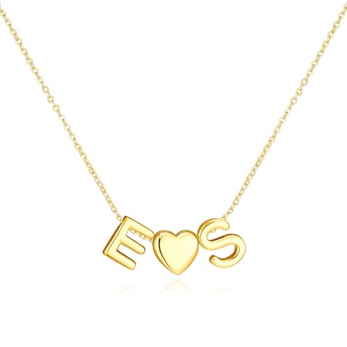 adoyi Initial Necklaces for Women 14k Gold Plated Layered bubble Letter Necklace Dainty Heart A-Z Pendant Necklace Initial Necklaces Stack Birthday Gifts for Women Jewelry - color: Gold-Heart, style: E+S