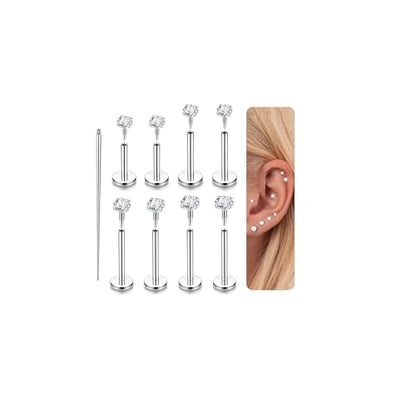 LOLIAS 16G 18G Flat Back Earrings Studs-Hypoallergenic Surgical Stainless Steel Cartilage Earring for Women Internally Threaded Cubic Zirconia Nose Stud Lip Medusa Tragus Helix Piercing Jewelry - color: 18G-2/2.5/3/4mm CZ-Steel Tone