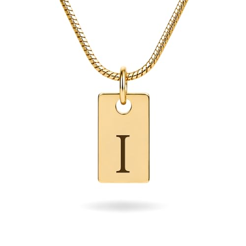 Initial Necklace in 18K Gold Plated, Personalized Engraved Letter Pendant, Gold Snake Chain, 6×10 mm Rectangle Charm for Women - color: I