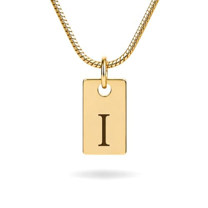 Initial Necklace in 18K Gold Plated, Personalized Engraved Letter Pendant, Gold Snake Chain, 6×10 mm Rectangle Charm for Women - color: I
