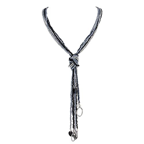 Coiris Long Seed Beaded Multi Strand Necklace,10 Multiple Statement Long Bib Necklace with Tie Knot for Women and Girls Jewelry - color: Black Grey