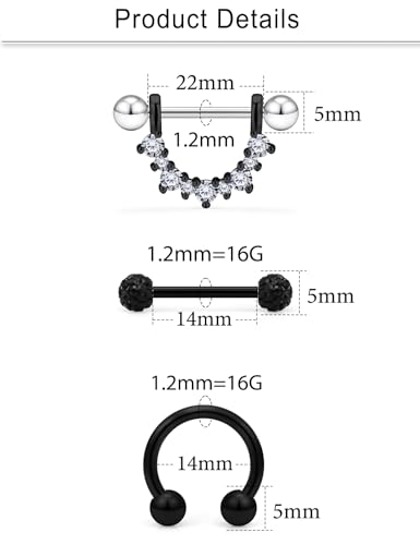 Cisyozi 16G 14G Nipple Piercing Jewelry Tongue Rings Hypoallergenic Surgical Steel Screw Nipple Tongue Shield Ring Barbell Body Piercing Jewelry Retainer for Women 9/16 Inch 14mm - color: G:8Pairs-16g(1.2mm)-Black