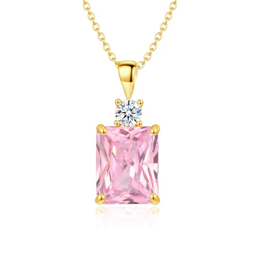 CiNily Rectangular Crystal Necklace for Women Trendy, Pendant Necklace with Chain 14K White Gold | Gold Plated Multicolor Birthstone Pendant Necklaces Boho Jewelry for Christmas Birthday Wedding - color: Gold-Pink cz