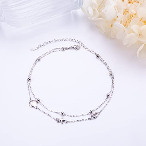 Flyow Anklet for Women S925 Sterling Silver Adjustable Foot Beaded Heart Charm Ankle Bracelet Anklets Jewelry - style: Conch Starfish Shell