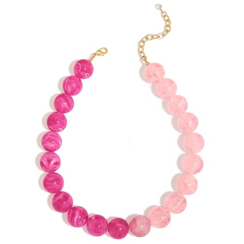 Chunky Beaded Choker Necklace for Women Boho Statement Necklace with Large Pearl Blue Brown Tone Resin Beads Summer Beach Jewelry Gifts - color: Gradient Pink