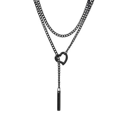 Slip Chain Necklaces for Women Stainless Steel Bar Pendant Choker Necklace Boho Handmade Long Lariat Necklace Silver Statement Punk Rock Collar Jewelry - style: layered black heart
