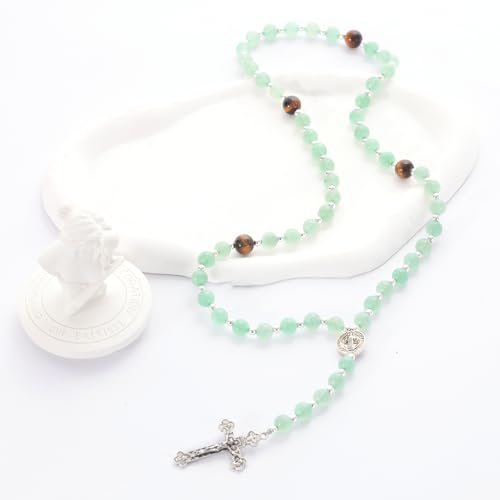 Rosary for Men Women, Natural Stone Beads with St. Benedict Bracelet | 8 mm Natural Stone Prayer Beads with 10 mm Accent Beads, St. Benedict Crucifix, Matching Bracelet, Gift Box and Pouch. - color: Green