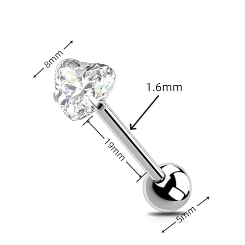 6Pcs Surgical Steel CZ Tongue Rings Sparkling Round Heart Flower Pink Butterfly Tongue Barbell Tongue Piercing Jewelry for Women