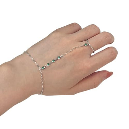 Kakikaki 925 Sterling Silver Finger Ring Bracelet Hand Chain for Women | Slave Bracelets 7" to 9" Adjustable - color: Silver, style: 5 Emerald