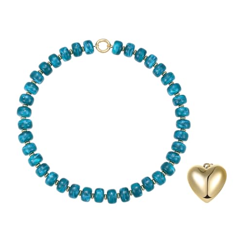 Chunky Heart Necklaces for Women Colorful Resin Beaded Necklaces for Women Gold Puffy Heart Statement Necklace Trendy Acrylic Choker Jewelry Gift - color: B-Lake Blue