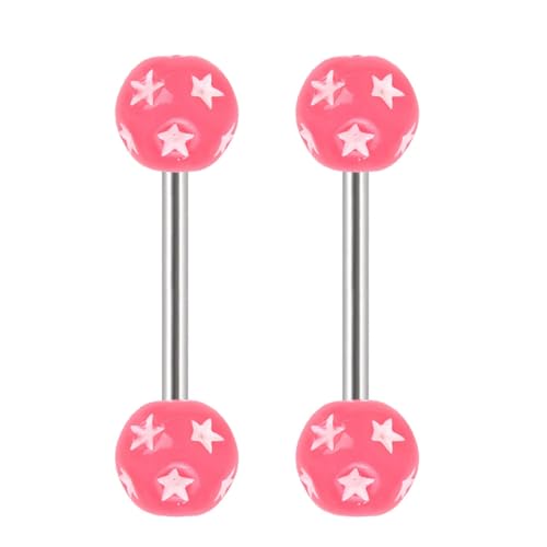 14G Acrylic Round Ball Star Tongue Rings Nipple Rings for Women 316L Stainless Steel Tongue Piercing Barbell Cute Tongue Studs Nipplerings Body Piercing Jewelry 16mm - color: Pink
