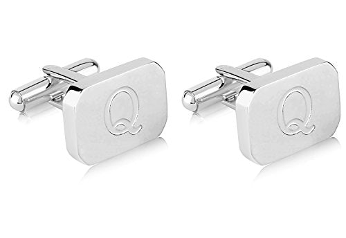 18K White-Gold Plated Initial Engraved Stainless Steel Men’s Cufflinks With Gift Box -Personalized Alphabet Letter’s A-Z By Lux & Pair - style: Q- White Gold