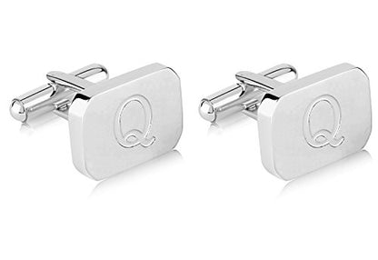 18K White-Gold Plated Initial Engraved Stainless Steel Men’s Cufflinks With Gift Box -Personalized Alphabet Letter’s A-Z By Lux & Pair - style: Q- White Gold