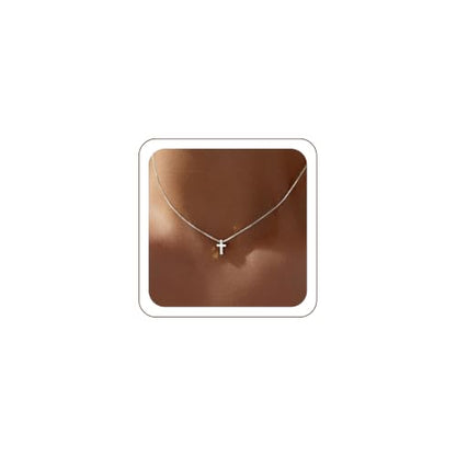 Poxtex Cross Necklace for Women Teen Girls, Dainty 14K Gold Silver Plated Cross Choker Jewelry Non Tarnish Waterproof Cute Simple Small Necklace Christian Baptism Religious Faith Jewelry Gifts - color: 02 Tiny Cross - Silver