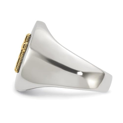 Stainless Steel Polished with Diamond-cut 14K Gold Accent Cross Oval Signet Ring Size 9 to 11