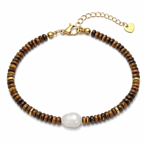 Gemstone Beaded Bracelets with Freshwater Pearl | Crystal Beaded Bracelet Boho Natural Stone Trendy Jewelry Gifts - color: Brown