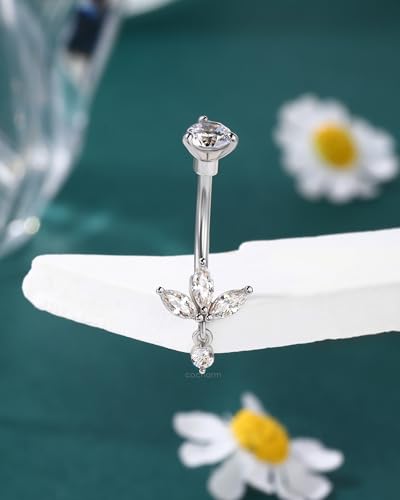 Lotus Belly Button Rings Dangle 14G Dangle Belly Navel Button Piercing Surgical Steel Navel Piercing Jewelry Dangling - color: WG-10MM