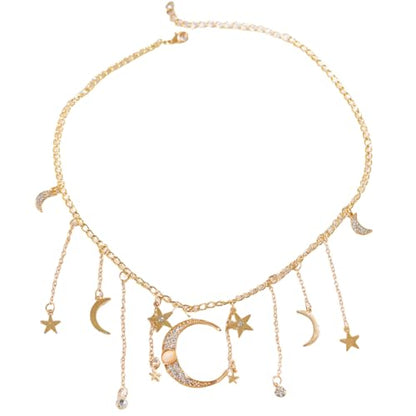 Moon Star Waist Chain for Women Gold/Silver Plated Metal Tassel Waist Chain Women Adjustable Bohemia Body Link Belts Body Belly Jewelry for Jeans Dresses - color: Gold