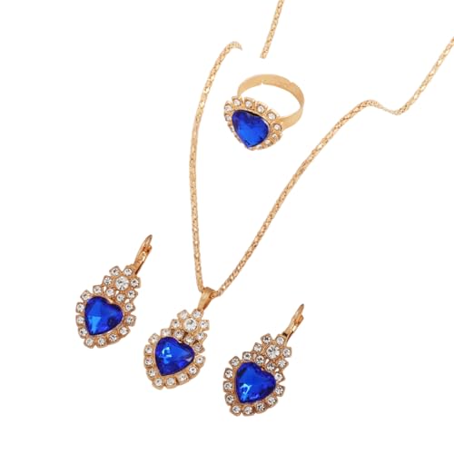 Teardrop/Heart Crystal Jewelry Set for Women, Gold Tone Rhinestone Necklace Earrings Ring Set, Wedding Bridal Prom Party Jewelry Gift - color: Blue (Heart)