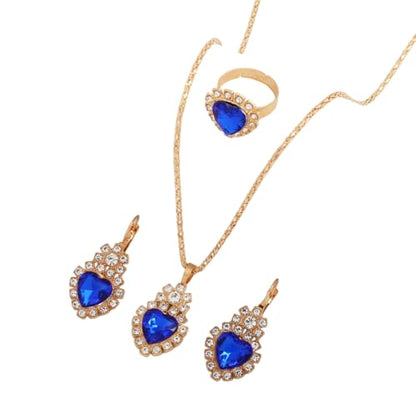 Teardrop/Heart Crystal Jewelry Set for Women, Gold Tone Rhinestone Necklace Earrings Ring Set, Wedding Bridal Prom Party Jewelry Gift - color: Blue (Heart)