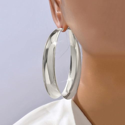 Big Gold Chunky Hoops Earrings for Women Trendy Large Wide Post Thick Drop Dangle Earrings Minimalist Statement Earrings Party Jewelry Gift - color: Big-Silver