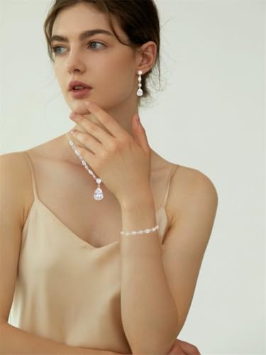 Elegant Bridal Cubic Zirconia Teardrop Pendant Necklace Drop Earrings Bracelet Brides Bridesmaids Wedding Jewelry Set for Women