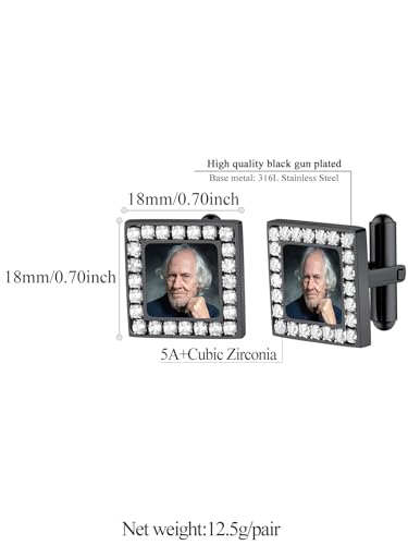 FindChic Stainless Steel Round Cufflinks with Custom Text/Picture/Monogram Letters 18K Gold Plated/Black Color for Men Groom Suits Shirts, with Gift Box - style: 02. CZ custom photo-square (black)