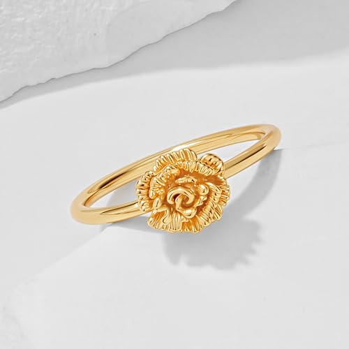 Birth Flower Stacking Ring for Women | 14K Gold Plated Brass, 12 Engraved Floral Motifs, Slim Stack-Ready Band, Available in US Sizes 5-9 - style: Jan.-Carnation