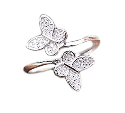 Koguxuix Fashion Jewelry 925 Sterling Silver CZ Crystal Cute Butterfly Open Adjustable Wedding Ring