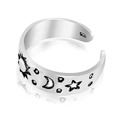 AeraVida .925 Sterling Silver Adjustable Toe Ring or Pinky Ring 5mm Wide Open Band, Stackable Minimalist Summer Foot Jewelry | Sun Moon Star Turtle Butterfly Leaf Olive Branch Ocean Wave Yin Yang Design - style: Celestial Sky 2