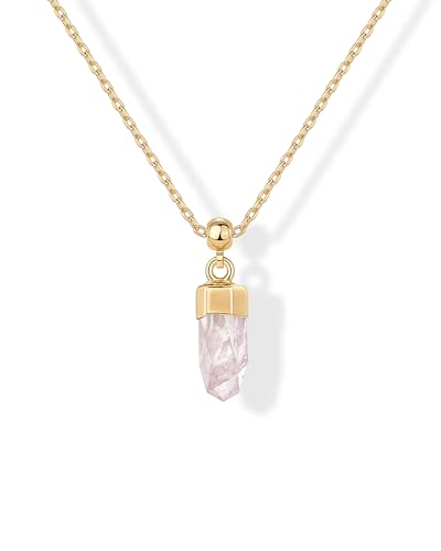 PAVOI Gemstone Charm Necklace for Women - 14K Gold Plated Pendant Necklaces | Dainty Gemstone Necklaces with Cute Charms Set and Adjustable Chain, Trendy Healing Crystal Pendants - style: Rose Quartz Crystal