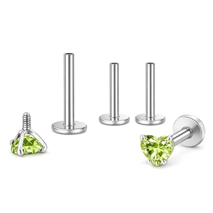 Titanium Heart CZ Labret Stud Earrings for Piercings by Ginger Lyne 6Pc Set G23 Screw Front Flat Back Body Jewelry 2 pair post 6mm, 8mm Cartilage, Helix, Tragus, Lip, Conch, Lobe - color: 5mm-PeridotGreen