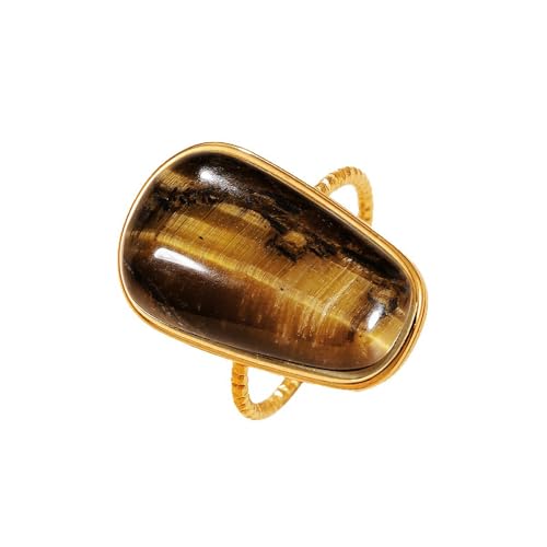 OIDIMS Gemstone Statement Ring for Women Gold-Tone Stainless Steel Natural Stone Rose Quartz Aventurine Turquoise Adjustable Open Band Stacking Finger Rings Boho Cocktail Wedding Party Jewelry - color: Tiger's Eye
