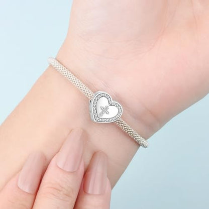 925 Sterling Silver Charms for Bracelets and Necklace Religious Cross Pendants Praying Hands, Bible, Virgin Mary, Jesus, Church Bead Jewelry - color: Heart cross beads